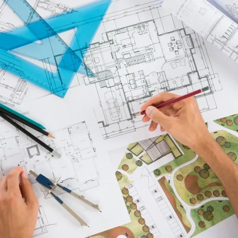 Plans architecturaux détaillés avec outils de dessin et éléments de paysage.