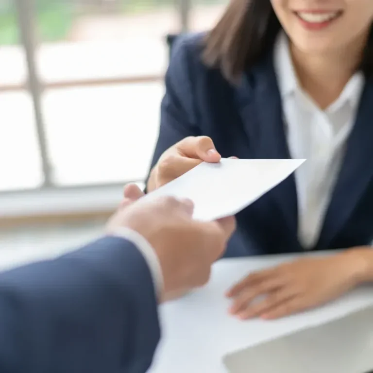 Une personne tend un document à une autre, toutes deux en tenue professionnelle.