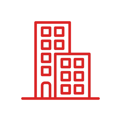 Deux bâtiments stylisés avec des fenêtres et des portes, dessinés en rouge.