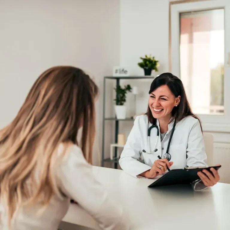 Consultation médicale entre une médecin souriante et une patiente.